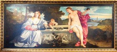 Roma, İtalya - 28 Aralık 2023: Borghese Galerisi, Kutsal ve dine aykırı aşk - Amor sacro e amor profano - Tiziano, 1514 dolaylarında