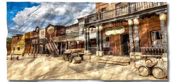 Creative picture of Wild West village with old buildings and saloon