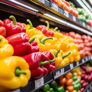 Sarı, kırmızı ve turuncu renkli bir sıra göz alıcı dolma biber bir market koridorunda sergileniyor..