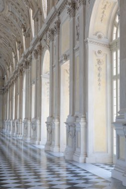 Venaria Reale, İtalya - 16 Temmuz 2023: lüks galeri perspektifi, dekoratif mermer, kapalı alan, hiç kimse, Kraliyet Sarayı. İtalya 'ya seyahat.
