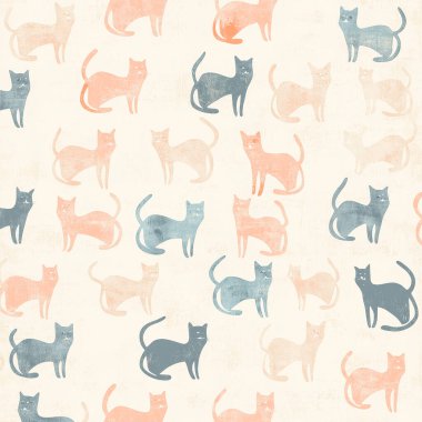 Sönük renklerde narin kedilerin ve hafif ışıklandırmaların tekrarladığı nostaljik, klasik bir arka plan.