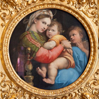 Florence, İtalya - 27 Haziran 2023: Madonna della Seggiola adlı Sandalyenin Madonna 'sı, Raffaello Sanzio' nun 1513 yılında idam edildi.