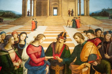 Milan, İtalya - 23 Eylül 2023: Brera antik resim müzesi. Raffaello Sanzio 'dan Bakire Evlilik - Raphael, 1504