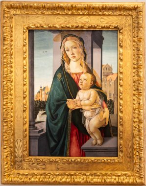 Torino, İtalya - 12 Aralık 2023: Madonna and Child, by Sandro Botticelli, ca 1490 - tempera on panel