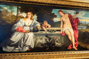 Roma, İtalya - 28 Aralık 2023: Borghese Galerisi, Kutsal ve dine aykırı aşk - Amor sacro e amor profano - Tiziano, 1514 dolaylarında