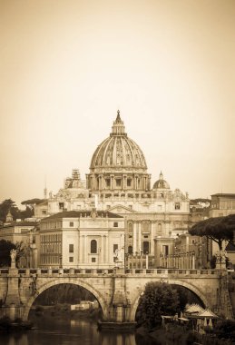 Roma eski kartpostal, Vatikan Kubbesi Tiber nehri üzerinde köprü - eski tarz, eski dokuma