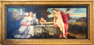 Roma, İtalya - 28 Aralık 2023: Borghese Galerisi, Kutsal ve dine aykırı aşk - Amor sacro e amor profano - Tiziano, 1514 dolaylarında