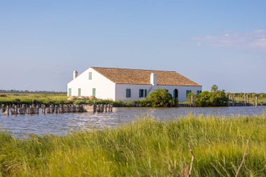 Comacchio lagünü, İtalya - 28 Temmuz 2024: geleneksel yılan balığı avlama istasyonu