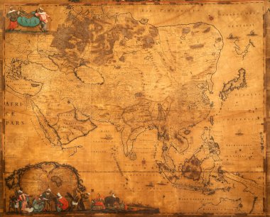 Cenova, İtalya - 28 Aralık 2023: Spinola Sarayı 'nda antik haritacılık. 17. yüzyılın ortalarında Avrupalılar tarafından bilinen gerçek eski bir harita. Keşif, coğrafya, vintage arkaplan.