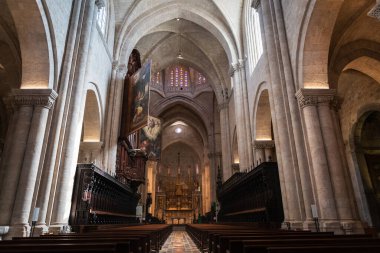 Inside view of the main nave of the Cathedral of Tarragona, a Roman Catholic Church built in early-12th-century in Romanesque architectural style.