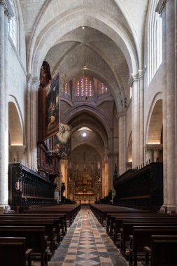 Inside view of the main nave of the Cathedral of Tarragona, a Roman Catholic Church built in early-12th-century in Romanesque architectural style.