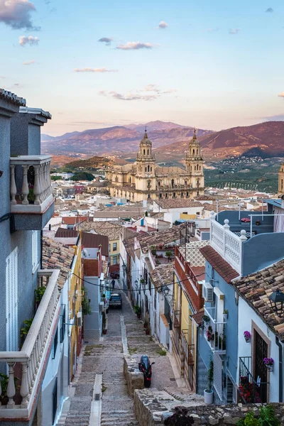 Stadtbild Der Andalusischen Stadt Jaen Der Abenddämmerung Mit Der Kathedrale — Stockfoto