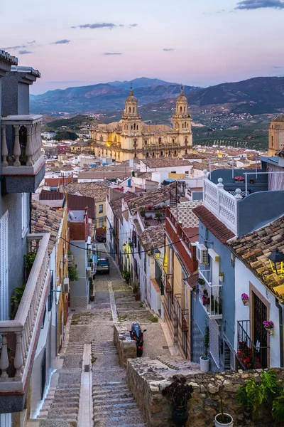 Cityscape Andaluského Města Jaen Soumraku Katedrálou Která Být Rozpoznána Mezi — Stock fotografie