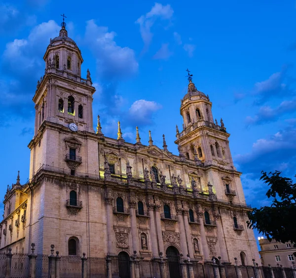 Main Facade Cathedral Jaen Night One Masterpieces Spanish Baroque — Stock Photo, Image