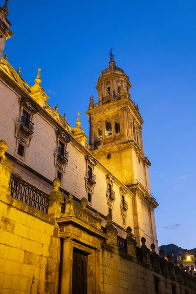 Zvonice Katedrály Jaen Noci Jedno Mistrovských Děl Španělského Baroka — Stock fotografie