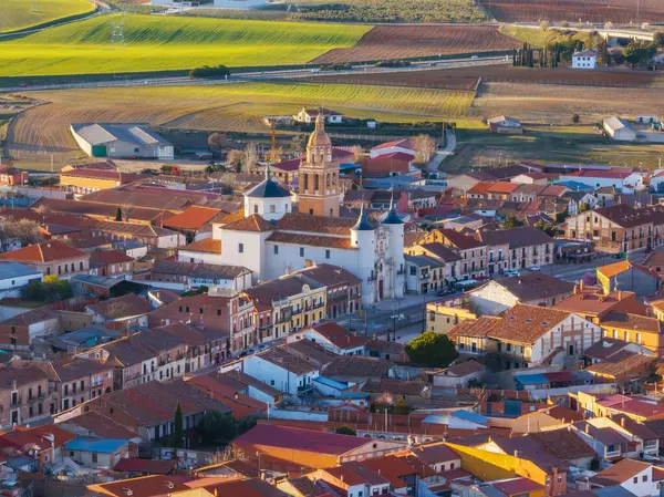 stock image Aerial view of the Spanish town of Rueda in Valladolid, with its famous vineyards and wineries.