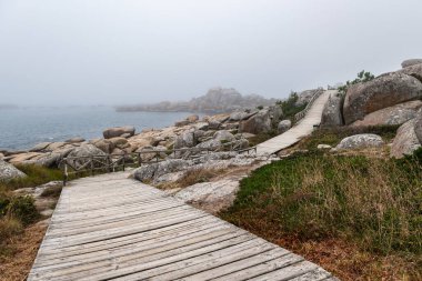 San Vicente do Mar 'daki kayalıklardan geçen tahta patika sisli bir yaz günü Pontevedra, Galicia, İspanya' da.