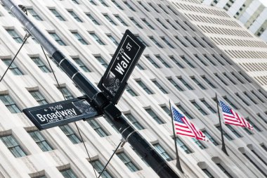 Arka planda Amerikan bayrakları sallanan Wall Street ve Broadway tabelaları, Manhattan, New York City, ABD 'de yakalandı.
