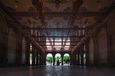 Turistler New York 'taki Central Park' ın göbeğindeki Bethesda Terrace 'da toplanırken, arka planda Bethesda Çeşmesi tanınıyor. Uzun pozlama.