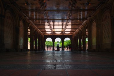 Turistler New York 'taki Central Park' ın göbeğindeki Bethesda Terrace 'da toplanırken, arka planda Bethesda Çeşmesi tanınıyor. Uzun pozlama.