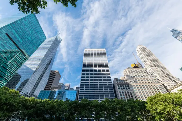 Manhattan şehir merkezindeki Bryant Park 'ın geniş açılı görüntüsü, ikonik gökdelenlerle çevrili.,