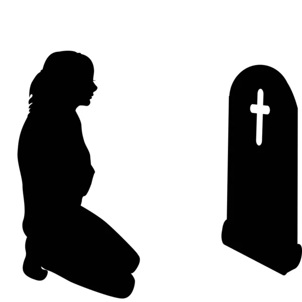 Kadın Silueti Bir Mezarın Önünde Diz Çökmüş — Stok Vektör