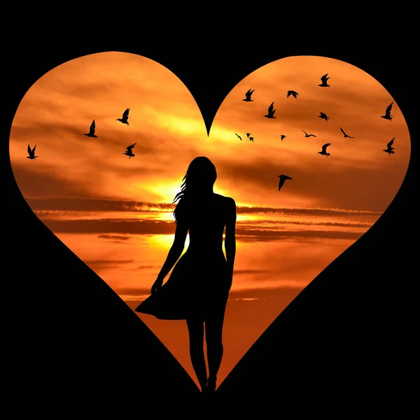 Coeur Avec Silhouette Femme Oiseaux Volants Dessus Ciel Couchant — Photo