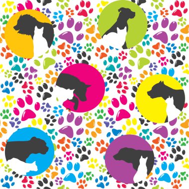 Silhouette of dogs and cats on colored paws background clipart