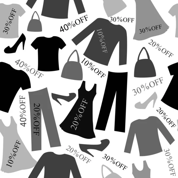 Černobílý Nákupní Plakát Dámským Oblečením Taškami Obuví Slevami — Stockový vektor