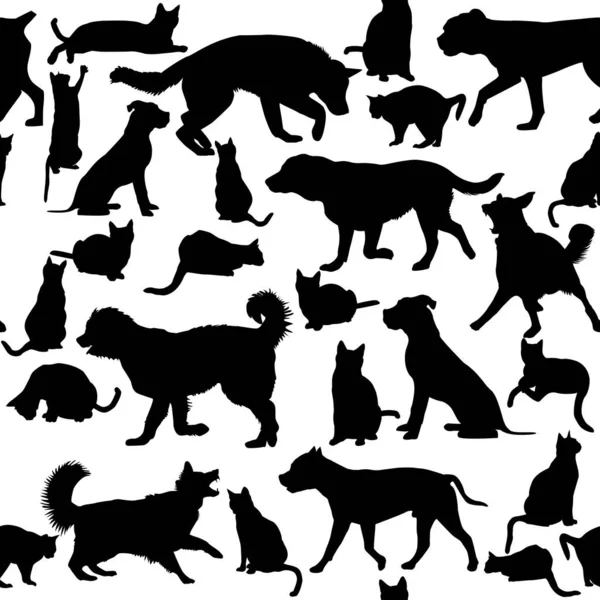 Katten Honden Silhouetten Naadloze Achtergrond — Stockvector
