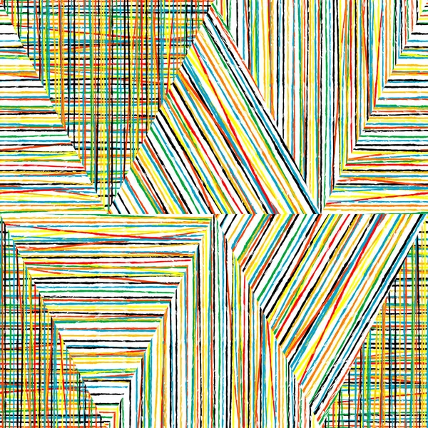 線で作られた三角形とカラフルな縞模様のグランジ幾何学的なシームレスな背景 — ストックベクタ