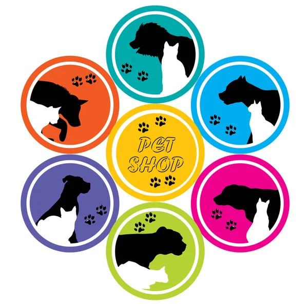 Pet Shop Poster Silhouettes Different Dogs Cats Colored Circles — Stock Vector