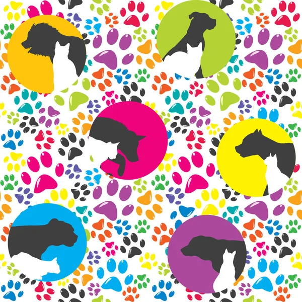 Silhouette Dogs Cats Colored Paws Background — Stock Vector