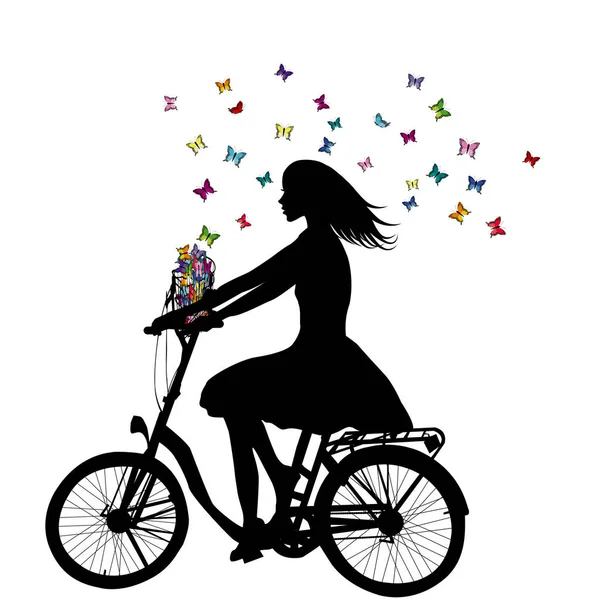 Αφηρημένη Στυλιζαρισμένη Σιλουέτα Της Γυναίκας Ένα Ποδήλατο Πεταλούδες — Διανυσματικό Αρχείο