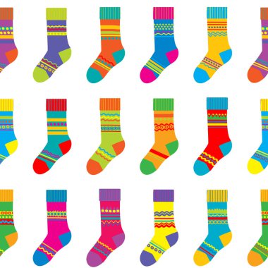 Collection of multi-colored socks with stripes. Seamless pattern of socks in row