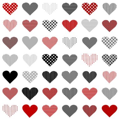 Happy Valentines day background with hearts.  Love symbol in polka dots; stripe and tablecloth pattern. Collection of patterned hearts