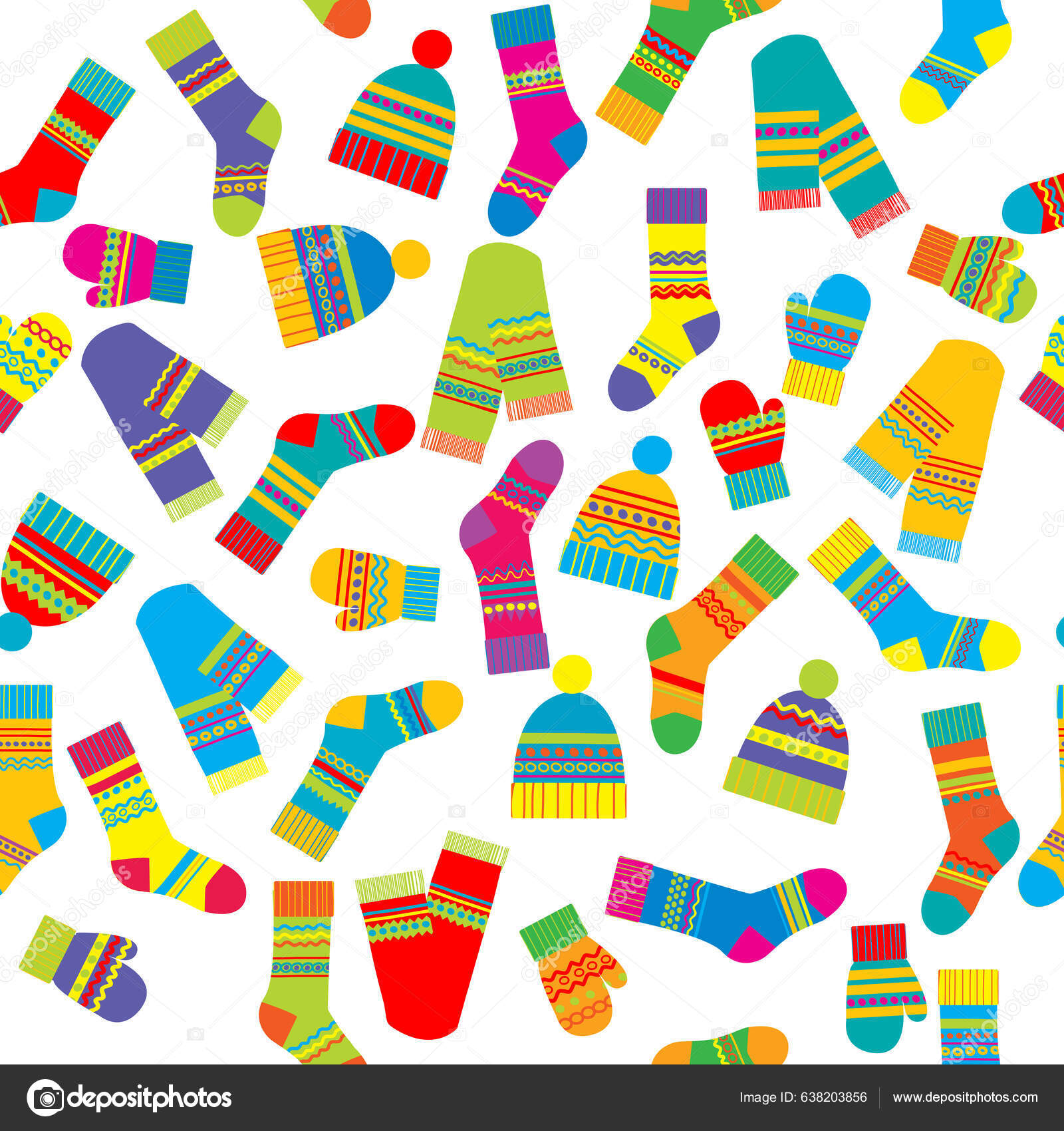 Colorful Seamless Pattern Winter Accessories Hats Scarves Mittens Socks