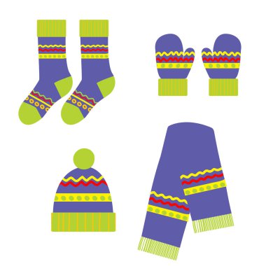 Colorful clothes set for winter cold weather with woolen cap, mittens, socks and scarf on white background.