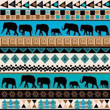 Tribal ethnic pattern with elephants silhouettes and traditional symbols