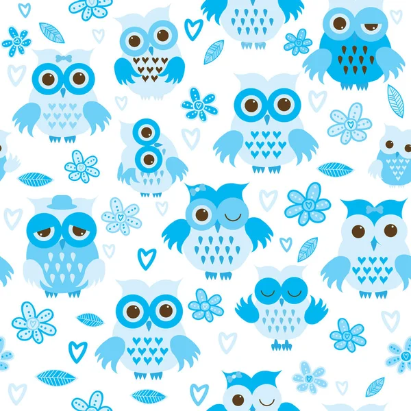 Blue Owls Seamless Pattern Baby Boys — Vettoriale Stock