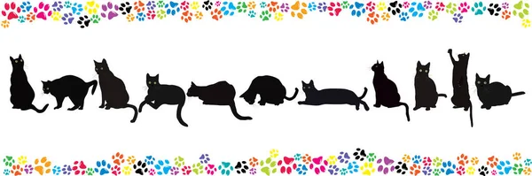 Border Black Cats Colorful Paws — Archivo Imágenes Vectoriales
