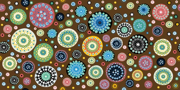 円や丸型の抽象的な花でカラフルな幾何学的なシームレスな背景 — ストックベクタ