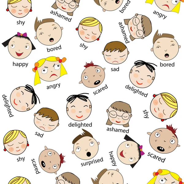 Heads Children Different Emotions Faces Seamless Background — Stockvector