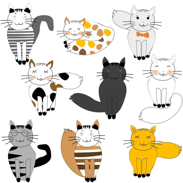 Set Von Süßen Und Lustigen Katzen Doodle Stil — Stockvektor