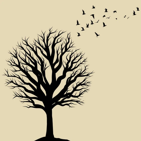 Σιλουέτα Γυμνού Δέντρου Και Σμήνος Πτηνών Που Πετούν — Διανυσματικό Αρχείο
