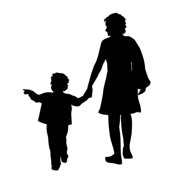 Silhouette Una Madre Sua Figlia Che Camminano Tengono Mano — Vettoriale Stock