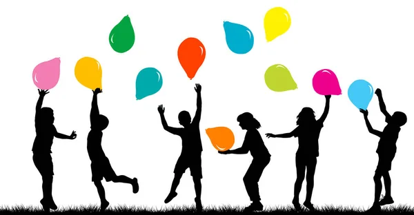 Sylwetki Dzieci Bawiące Się Kolorowymi Balonami — Wektor stockowy