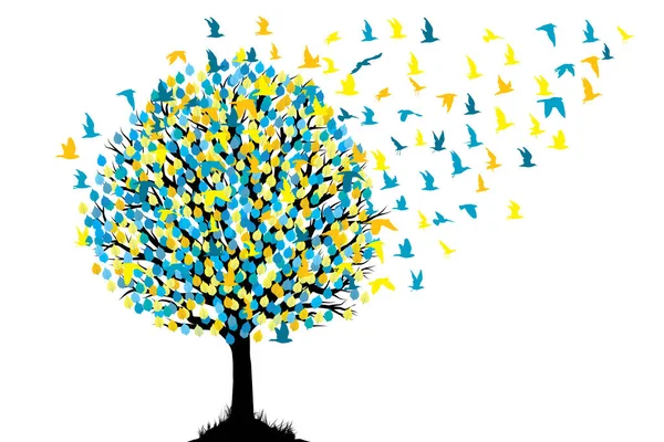 Pohon Abstrak Dengan Burung Burung Terbang Darinya - Stok Vektor