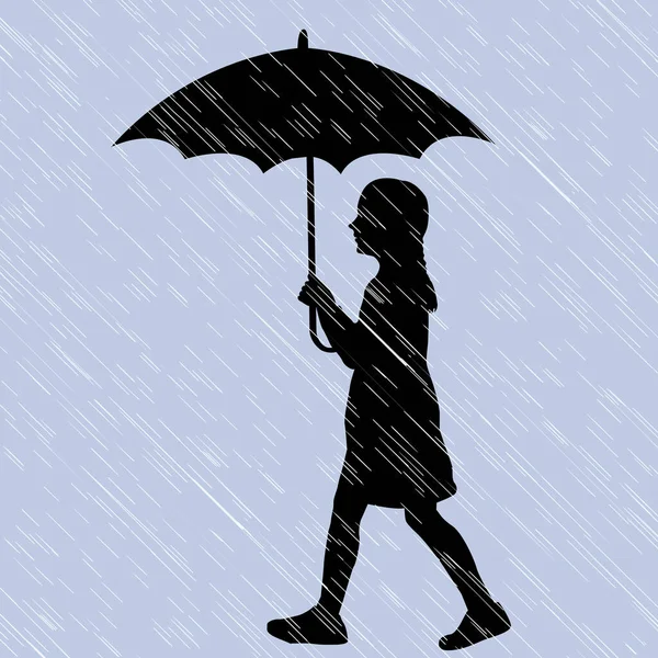 一个拿着雨伞在雨中行走的女孩的轮廓 — 图库矢量图片