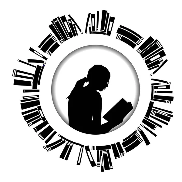 一个圆形的框架 女孩阅读一本书和书籍围绕着它 — 图库矢量图片